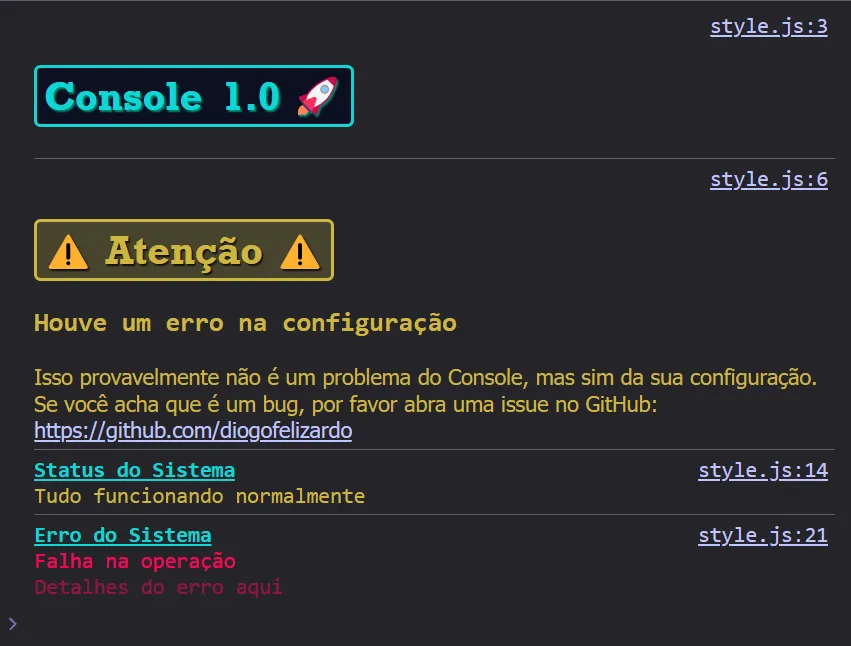 Exemplo de saída do console.log com CSS